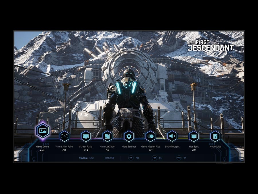 An action game is played on the screen, with the game bar on the screen at the bottom. The player selects Game Genre, Virtual Aim Point, Screen Ratio, and then Minimap Zoom. The First Descendant logo is located at the top.