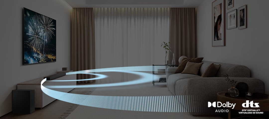 Living con TV, barra y subwoofer con ondas de sonido envolvente 3D
