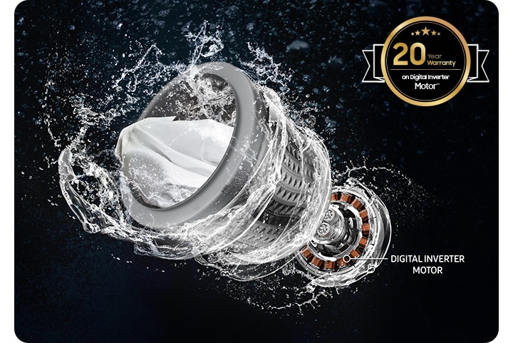 El motor con inversor digital, el tambor y la corriente de agua giran rápidamente. La garantía de la WA6000C es de 20 años.