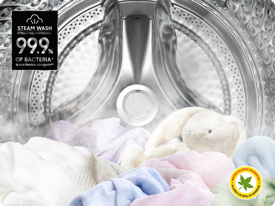 Steam is dispersed inside the washing machine door to remove allergens and bacteria. Steam Wash effectively eliminates 99.9% of bacteria* & inactivates allergens**. Steam wash certified by BRITISH ALLERGY FOUNDATION and ALLERGY UK SEAL OF APPROVAL is shown in right bottom.