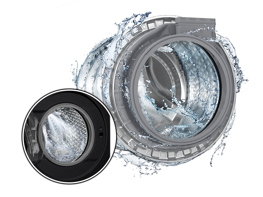 The washer drum is surrounded by clean water and water jets are cleaning the inside. Close-up of the door gasket being cleaned.