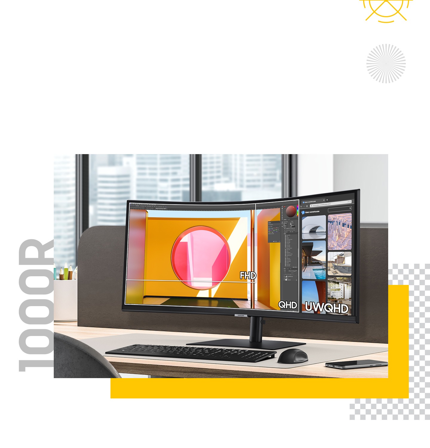 Hay un navegador y una herramienta de photoshop en el monitor, y hay textos FHD, QHD y UWQHD en ellos.
