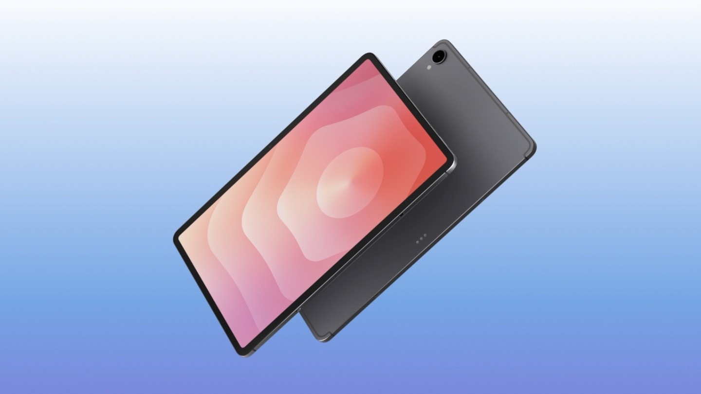 Un dispositivo Galaxy Tab S11 se muestra en silueta en un entorno oscuro, y luego se inclina para revelar su pantalla frontal con un fondo de pantalla vibrante. Un segundo Tab S11 aparece detrás, mostrando el diseño trasero para resaltar su elegante perfil.