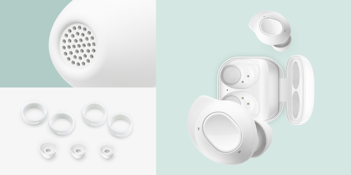"Primer plano de las almohadillas de los Galaxy Buds FE. Un diseño plano de almohadillas y aletas de sujeción de diferentes tamaños. Un estuche abierto de los Galaxy Buds FE con dos auriculares flotando fuera del estuche."