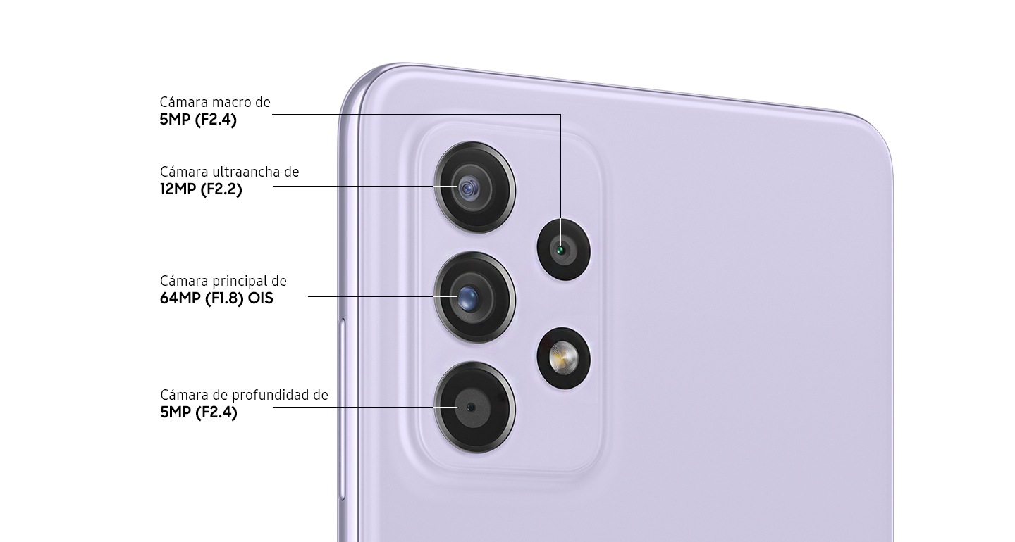 Primer plano posterior de la cámara cuádruple avanzada en el modelo violeta asombroso para mostrar la cámara principal de 64 MP con OIS y F1.8, la cámara ultraancha de 12 MP con F2.2, la cámara de profundidad de 5 MP con F2.4 y la cámara macro de 5 MP con F2.4.