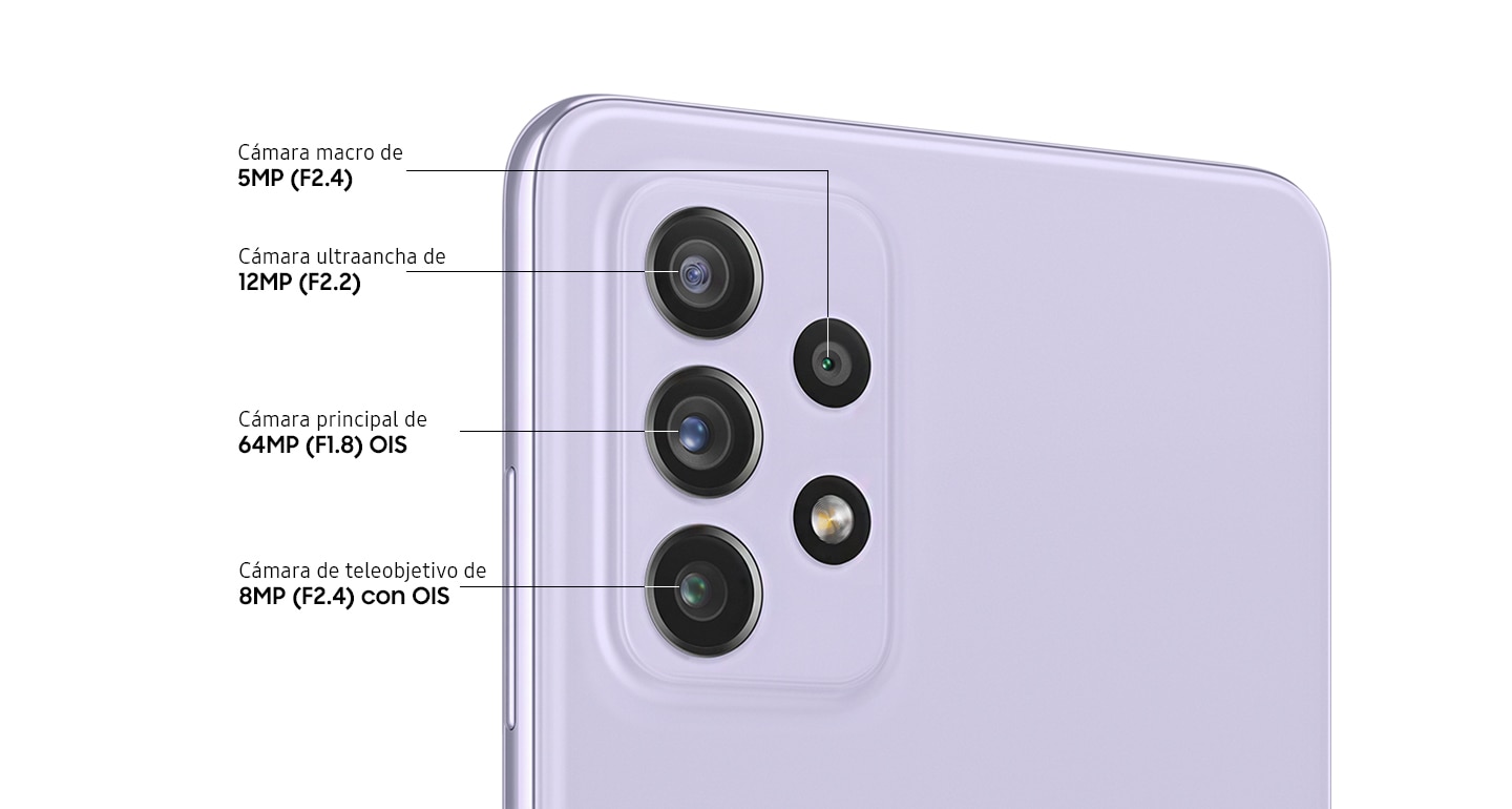 Primer plano posterior de la cámara cuádruple avanzada en el modelo violeta asombroso para mostrar la cámara de teleobjetivo de 8 MP con OIS y F2.4, la cámara principal de 64 MP con F1.8, la ultraancha de 12 MP con F2.2 y la cámara macro de 5 MP con F2.4.