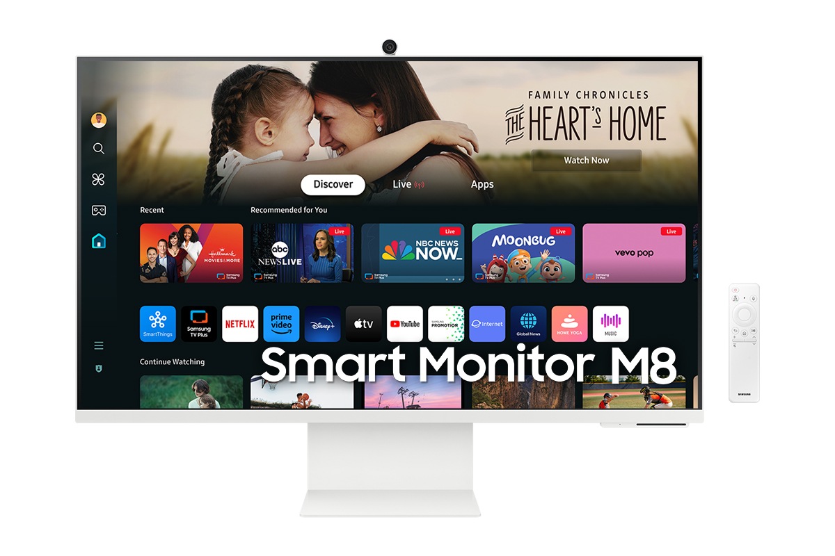 Front of Samsung Smart Monitor M80D with Smart TV Apps on screen, with Slimfit camera, and remote control.