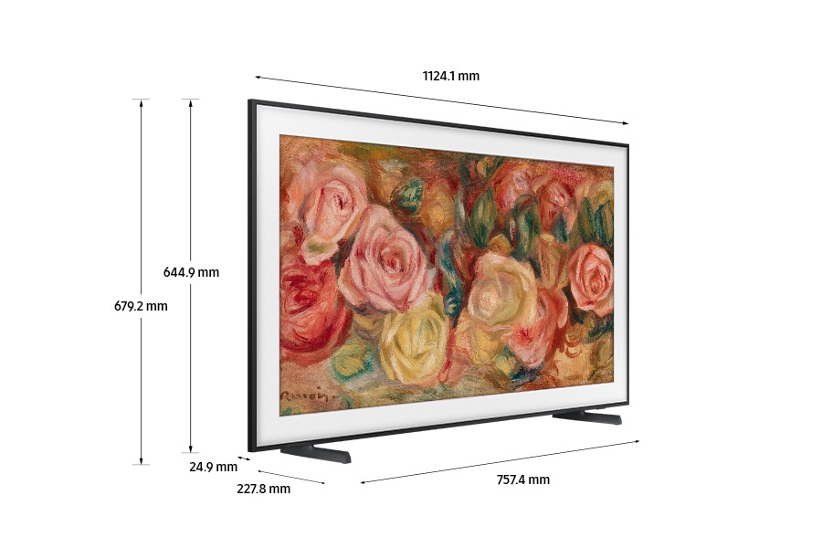 Dimensión de Samsung The Frame (1124.1 x 644.9 x 227.8mm) con soporte simple de posición baja.