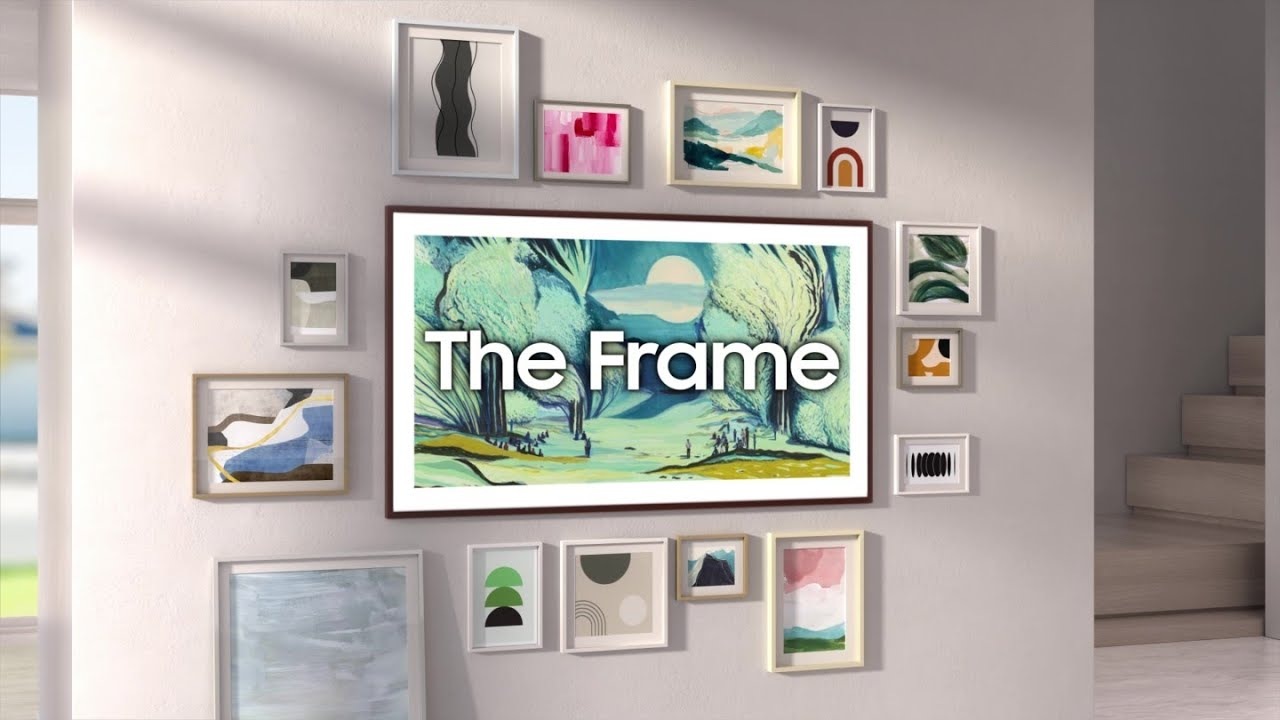 Samsung The Frame TV wall-mounted in a modern home displays artwork, seamlessly blending in with other artworks around it.