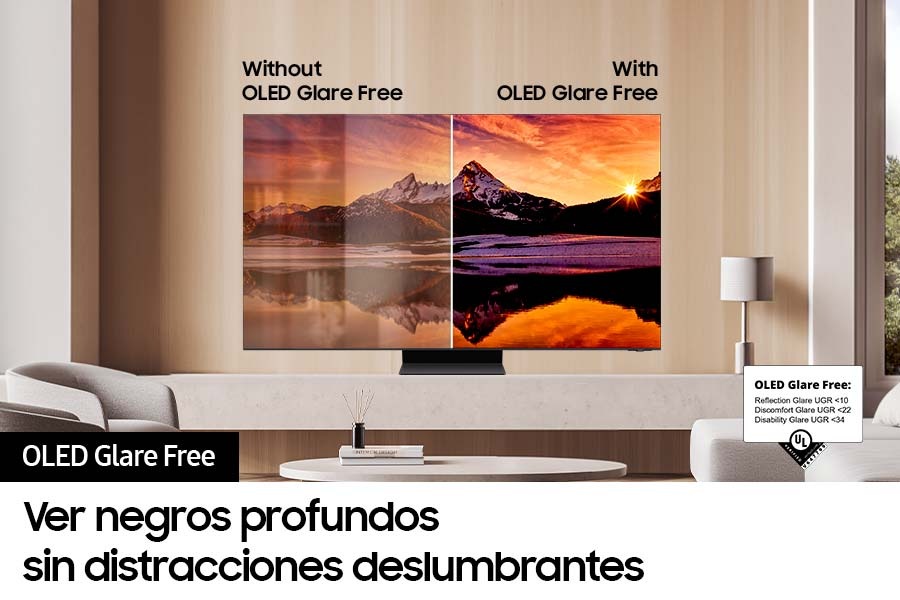 Samsung OLED en una sala de estar moderna con su pantalla dividida en "Sin deslumbramiento OLED" y "Con OLED sin deslumbramiento" a modo de comparación. El lado "Sin deslumbramiento OLED" refleja las luces que obstruyen la imagen en pantalla. El lado "With OLED Glare Free" tiene una vista limpia y sin obstrucciones de la imagen en pantalla. OLED Glare Free: Reflejos UGR <10. Molestia Resplandor UGR <22. Discapacidad Resplandor UGR <34.