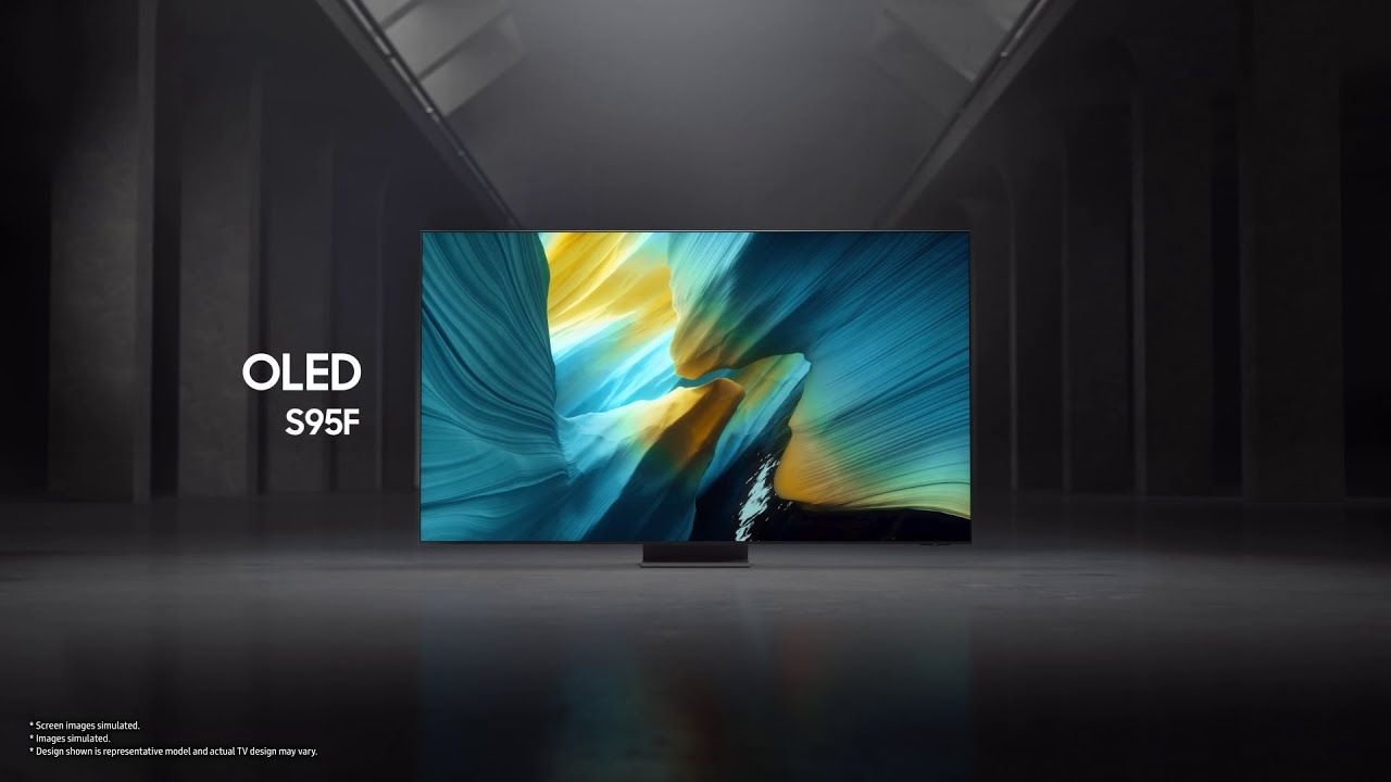 Samsung OLED S95F TV in a black and white indoor space displays a colorful scene of an otherworldly landscape.