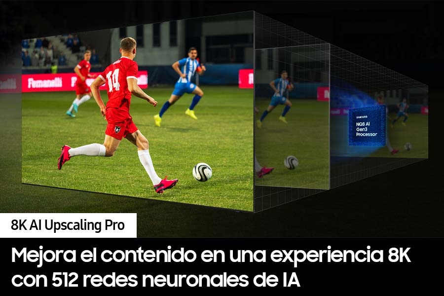 El procesador Samsung NQ8 AI Gen3 funciona detrás de escena para optimizar los detalles de un partido de fútbol con gran claridad.