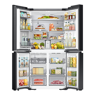 BESPOKE RF9000 T Style French Door Refrigerator with Beverage Center™ Front-Open-With-Food1 Clean White 