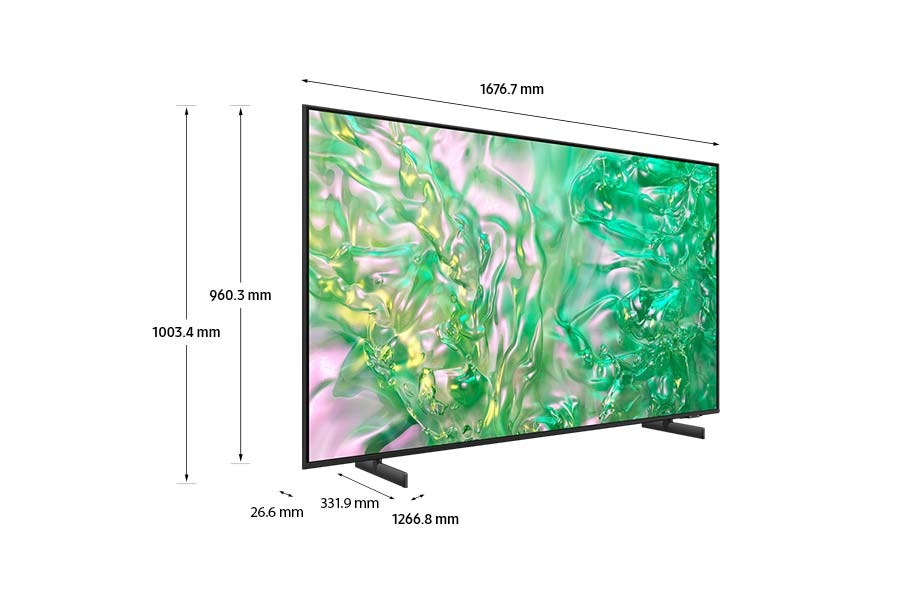 Dimensión del televisor Samsung Crystal UHD (1676 x 960 x 26 mm) DU8000 con soporte de pies titangray