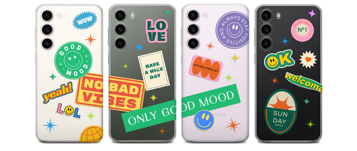 Back view of several Clear Cases are shown with a variety of different stickers added as fun decoration of the cases.