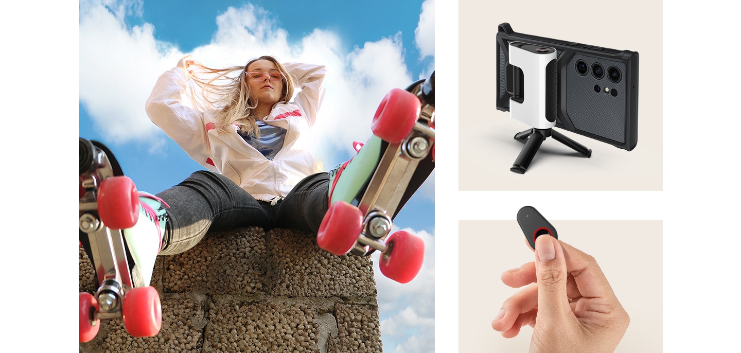 A woman is sitting on top of a brick wall wearing roller skates with both hands touching the back of her head. A camera grip stand with a hand using the remote controller.