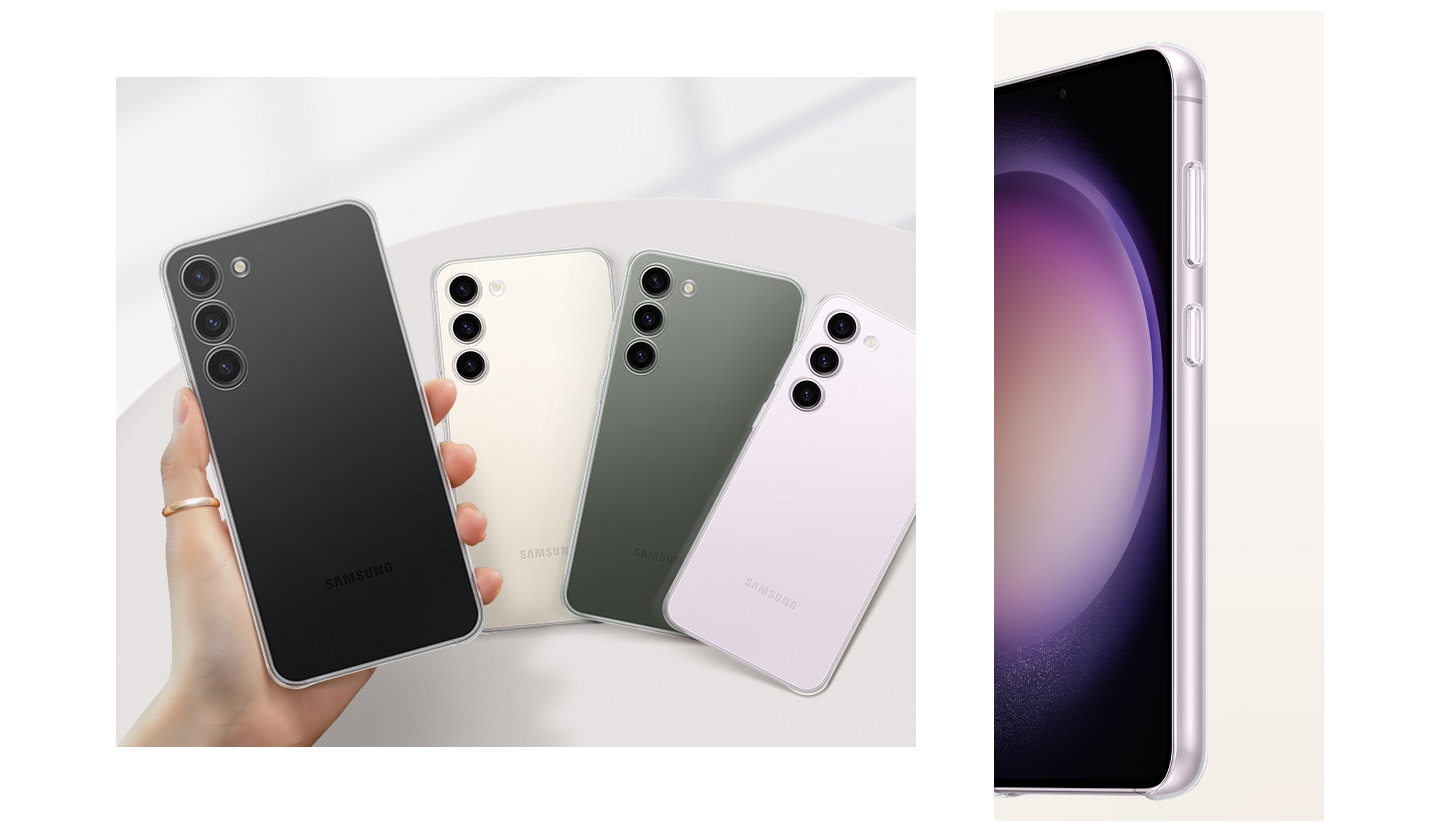 A hand is holding a Galaxy S23+ device with the Clear Case installed next to three different colored versions of the device spread out in a fan shape. Tilted front view of the device wearing the Clear Case is shown.