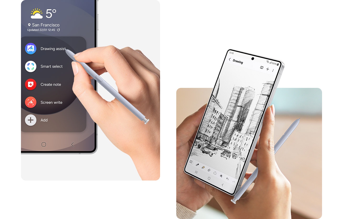 The S Pen is shown twice, both as it is being used by the person holding, or drawing on, a Galaxy S25 Ultra. In one, the tip of the S Pen the Air Command screen.