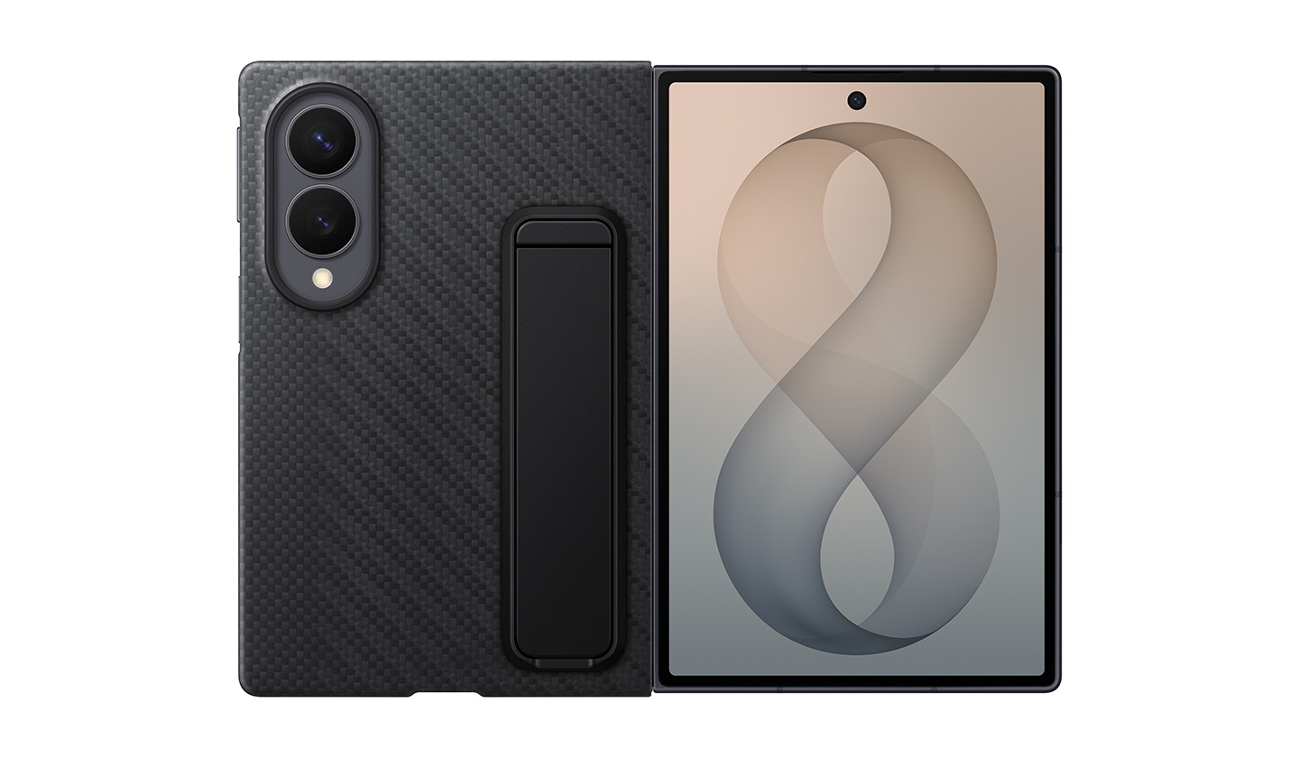Rear-facing view of an unfolded Graphite Galaxy Z Fold8 in a Black Carbon Standing Case.