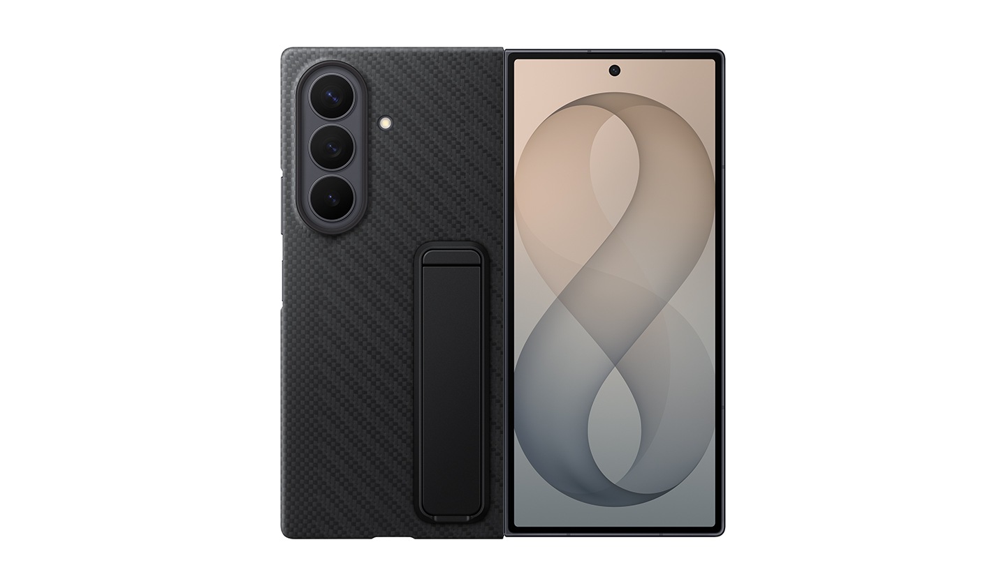 Rear-facing view of an unfolded Graphite Galaxy Z Fold8 Ultra in a Black Carbon Standing Case.
