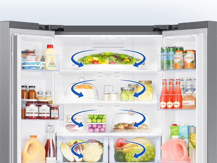 The RF4500 fridge is open fully with food inside, and fresh air is coming out from the top of each compartment.