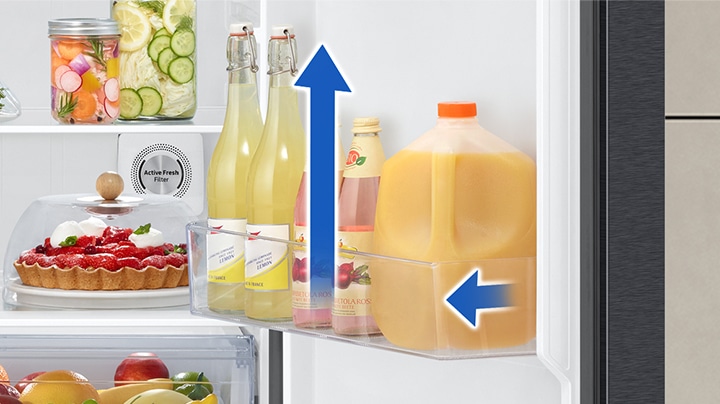 The Gallon Guard space of the shelf in the inside door is wider and deeper so larger juice bottles and sauce bottles can be safely stored.