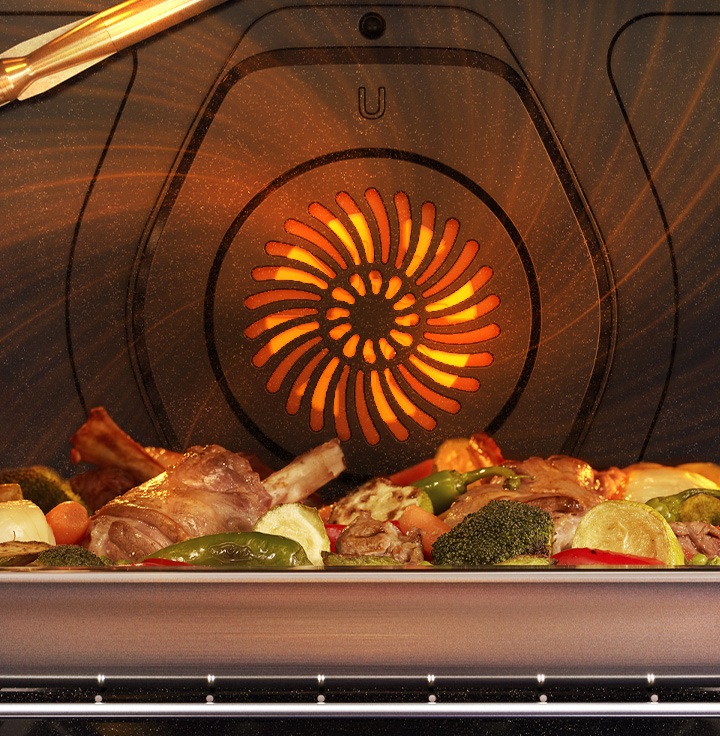 Shows a chicken being cooked inside the oven with a heated fan at the back spreading heat evenly all around the oven.