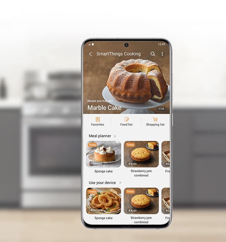 Shows a recipe on a smartphone, with options to add to Favorites or a meal plan, check available food or buy ingredients.