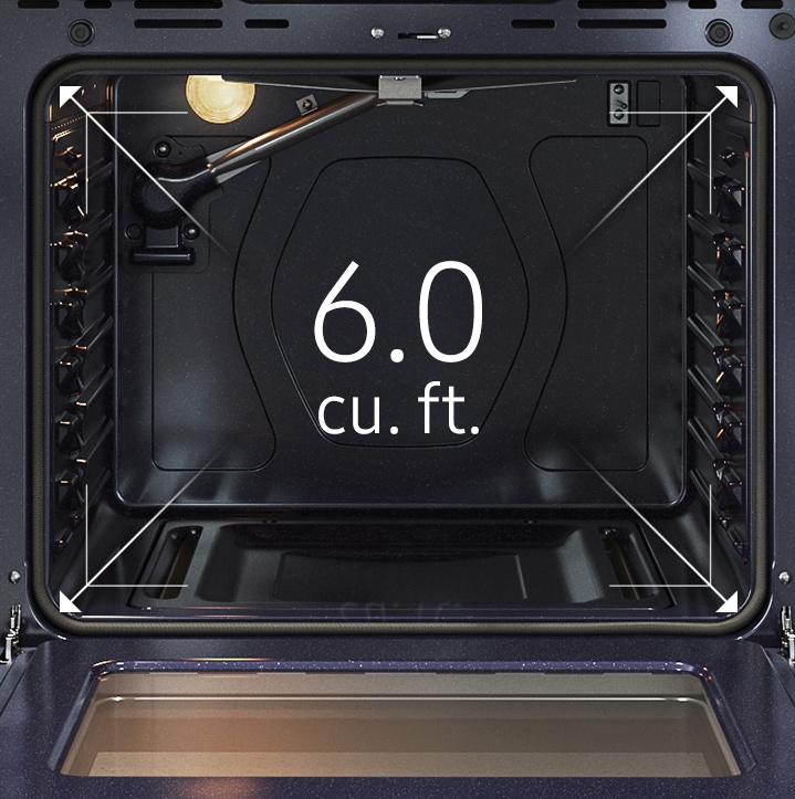 A close-up of the spacious inside of the oven with arrows illustrating its 6.0 cu. ft. capacity.