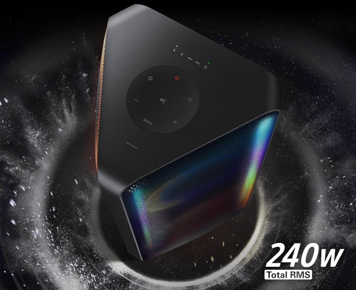 A bird's eye view of a Sound Tower with Total RMS 240 watt logo is on display.