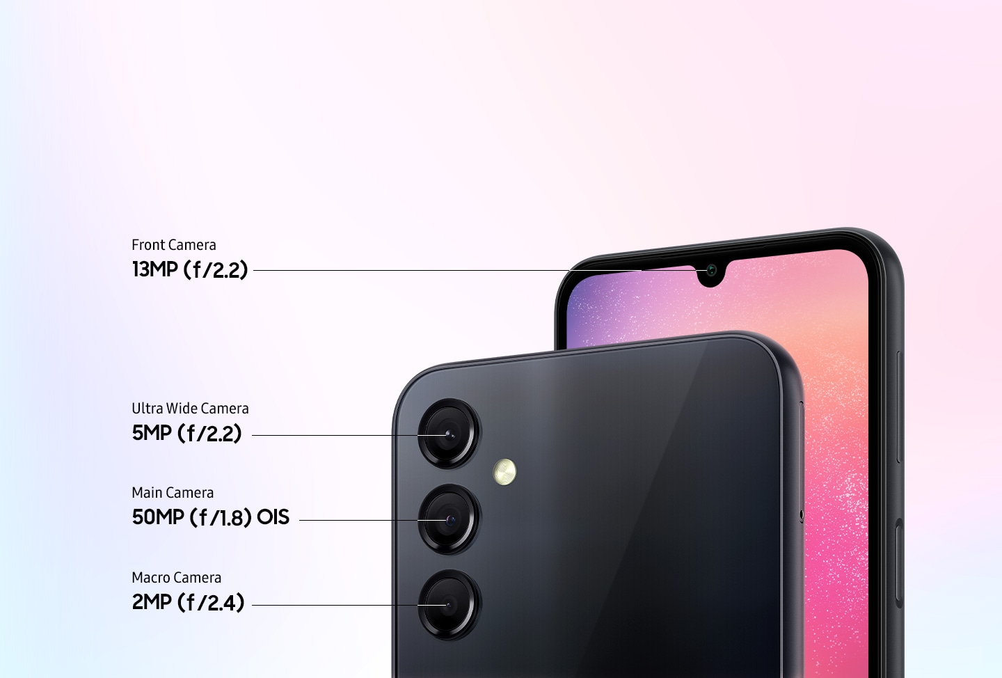 The front and back of the Galaxy A24 are shown to showcase its four multiple cameras including the 13MP f/2.2 Front Camera, the 5MP f/2.2 Ultra Wide Camera, the 50MP f/1.8 OIS Main Camera and the 2MP f/2.4 Macro Camera.