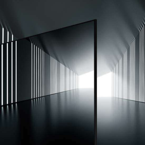 A bezeless design of the Crystal UHD TV is on display at the center of what seems like a long tunnel. 