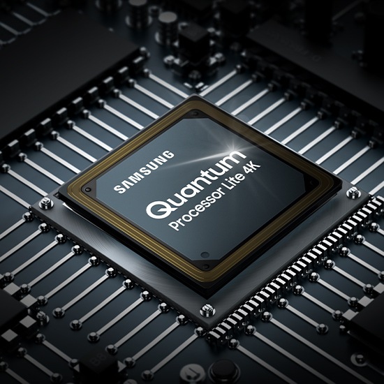 The QLED TV processor chip is shown. The Samsung logo as well as the Quantum Processor Lite 4K logo can be seen on top.