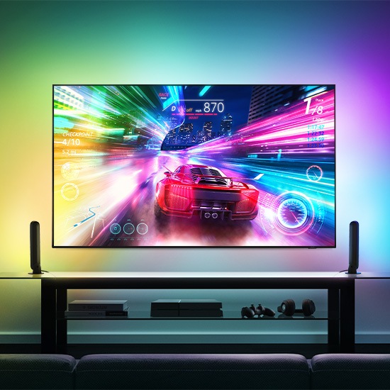 Smart lights on the back of the TV light up to match the colors that appear on the TV screen.