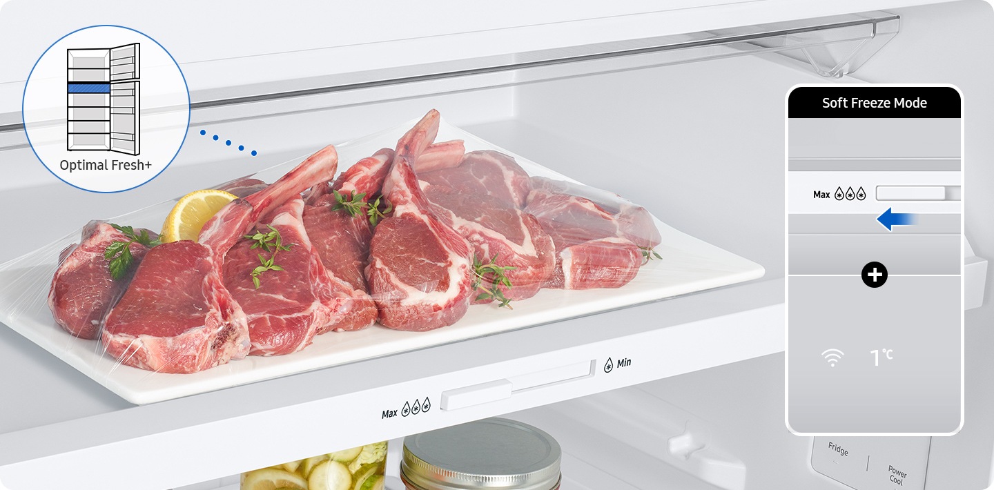 La carne se almacena fresca en el cajón Optimal Fresh+. Cuando la temperatura de la pantalla es de 1 grado y la perilla se encuentra en Max, se establece el modo de congelación suave. El cajón Optimal Fresh+ se encuentra en la parte superior de la nevera.