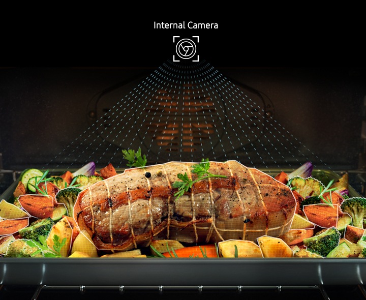 An internal camera, represented by an icon, is detecting each ingredient in the scene of a cooking roast beef.