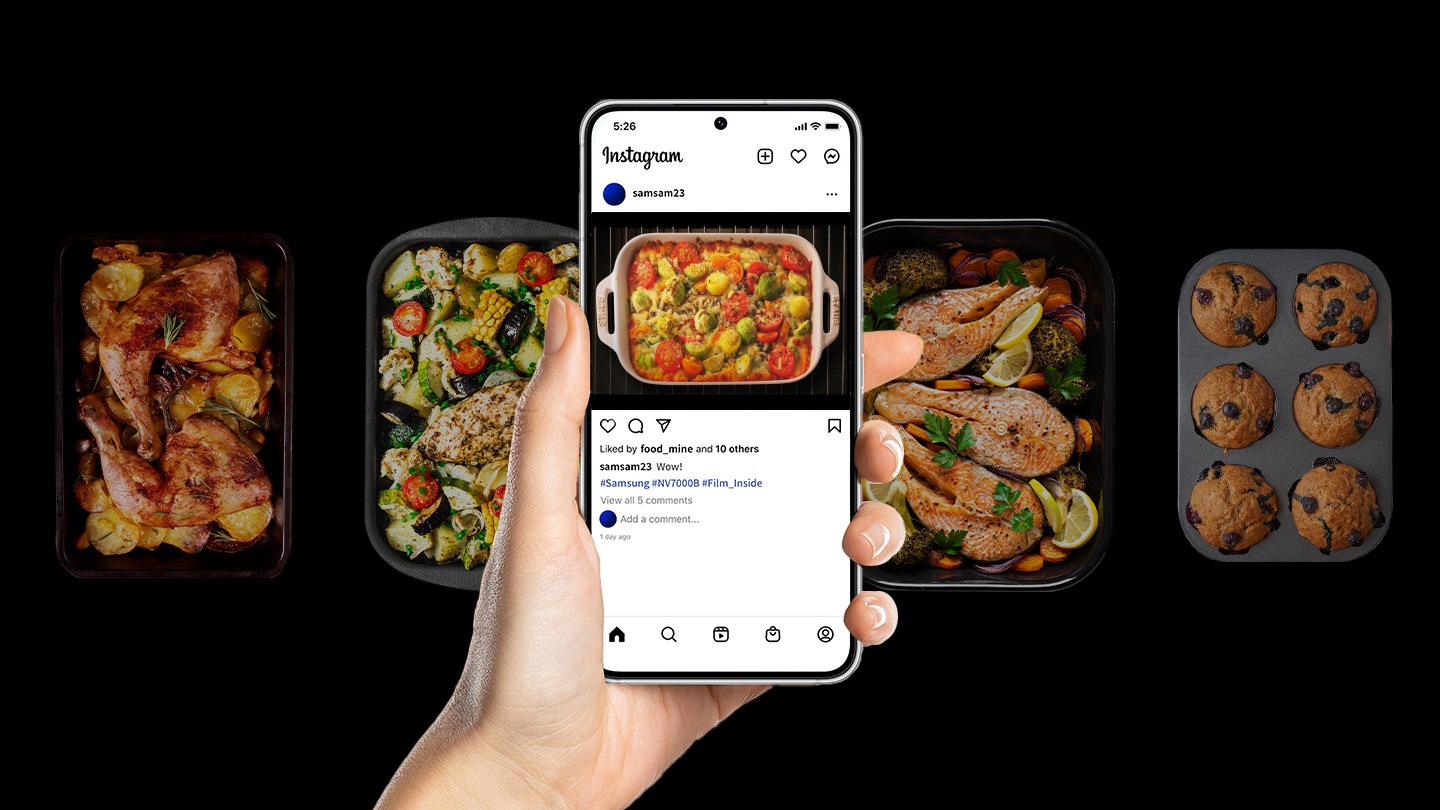 A time-lapse video shows food being cooked inside an oven, and then the view zooms out to a phone with a social media screen where the video is posted, and various completed dishes are shown around the phone.