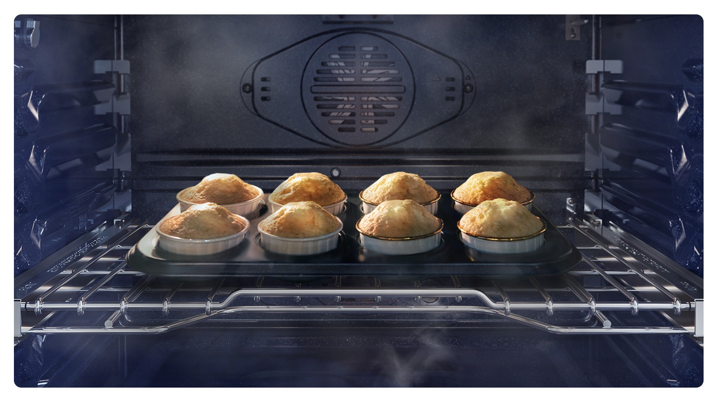 It shows the inside of the oven filled with steam, creating moist muffins.