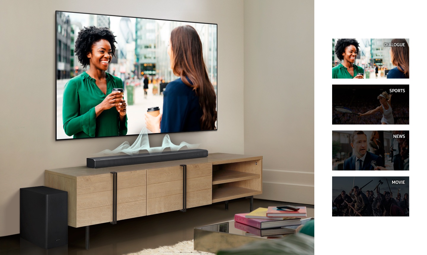 A TV display changes from dialogue, sports, news, to movies and the soundbar shows different audio waves for each to show how the soundbar adapts to voices within each content.