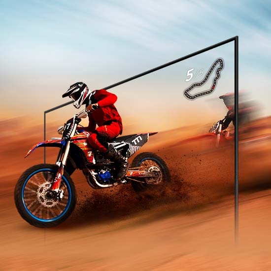 A dirt bike racer looks clear and visible inside the TV screen because of TV motion xcelerator technology.