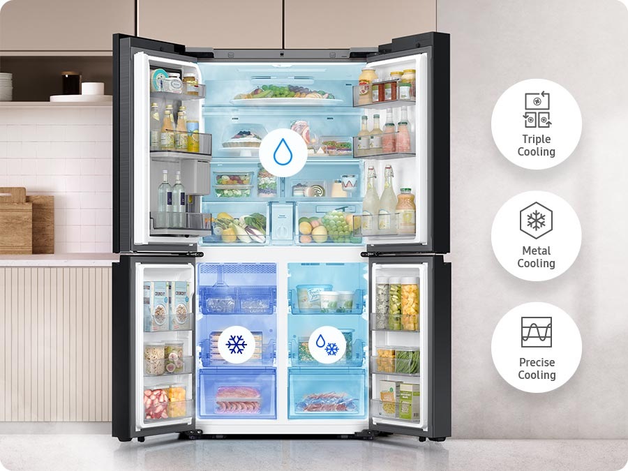 All four refrigerator doors are open. The upper fridge and lower left and right freezers have separate cooling systems. Next to it are icons for Triple cooling, Metal Cooling, Precise Cooling.