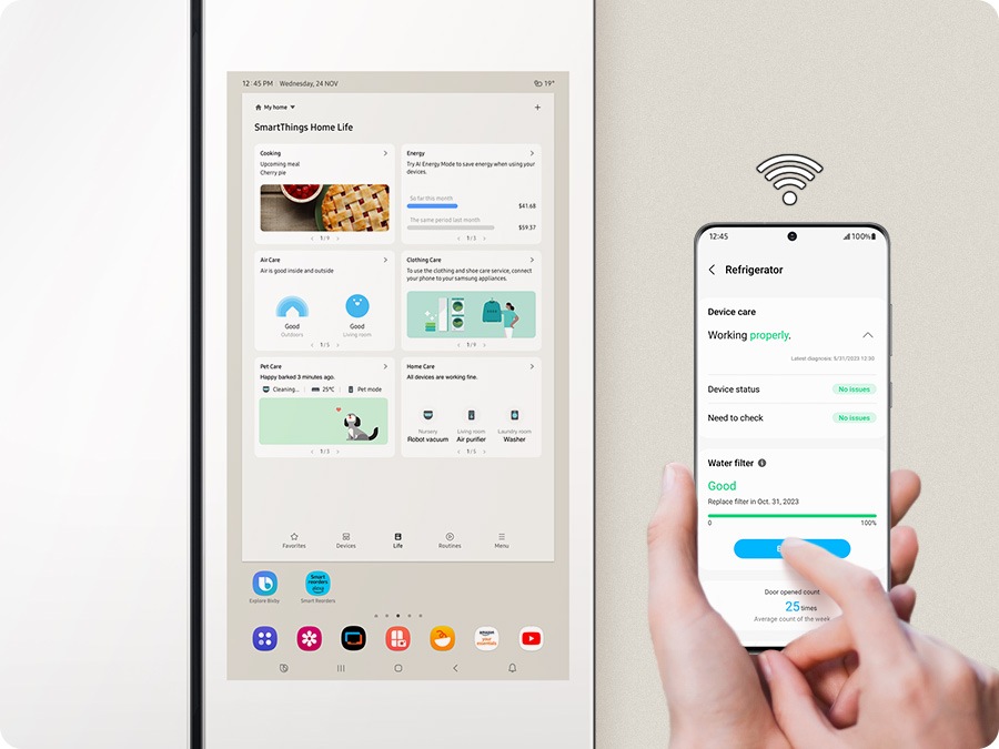 On the left is a Family Hub screen. At right, a hand uses the SmartThings app to check the fridge's water filter status.