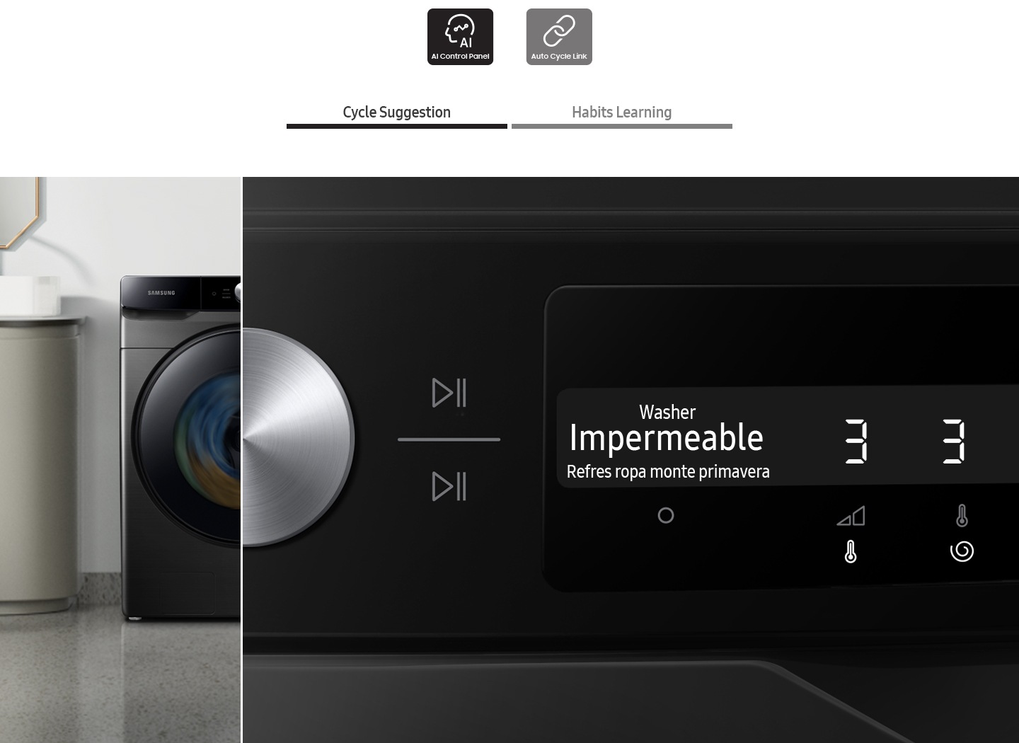 The AI washer’s control panel displays the Cycle suggestion and Habits learning.