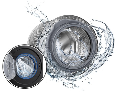 The washer drum is surrounded by clean water and water jets are cleaning the inside. Close-up image of a door gasket being cleaned.