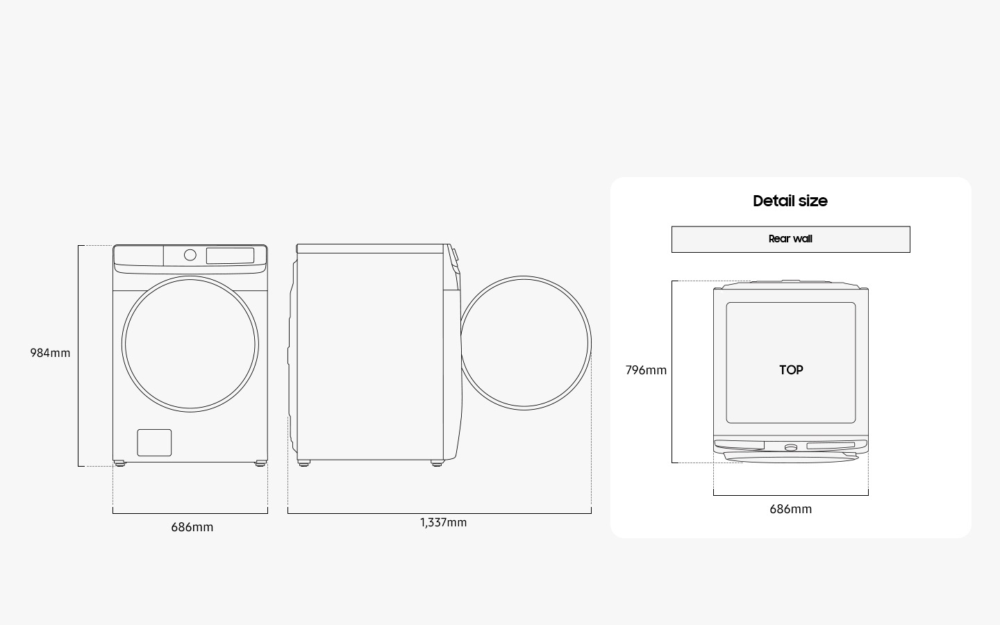 Width 686mm, height 984mm, depth 796mm, depth with door open 1,337mm.