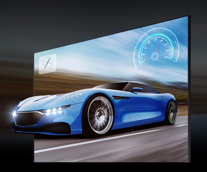 The blue car on the TV screen looks clear and visible on the TV due to motion xcelerator 120hz technology.