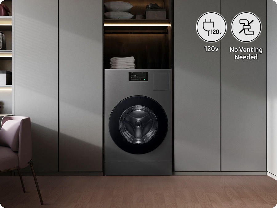 A Laundry Combo effortlessly blends into diverse interiors; sleek grey closet, modern beige kitchen, sunlit bathroom, under-cabinet space in a pink kitchen, contemporary sunlit kitchen, and narrow green cabinetry space. Requires 120V connection, no venting needed.