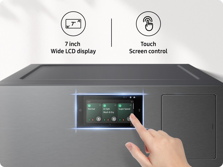 Laundry Combo's 7" LCD touchscreen displays Super Speed cycle with 1.28 hours left, Self Clean+ alert that cleaning required after 14 uses, and switches to show monthly energy usage. At cycle's end, it shows total time, amount, type, soil level, and usage of water, detergent, softener, and energy.