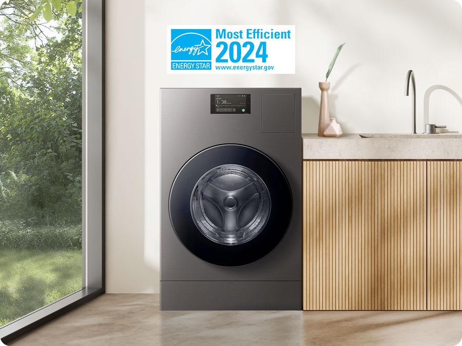 A Laundry Combo is installed in a sun-lit space. Above it is an Energy Star certificate demonstrating energy-efficiency. Energy Star, Most Efficient 2024, www.energystar.gov.