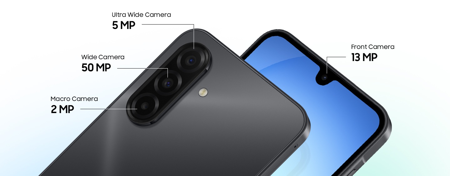 Two Galaxy A17 devices. One viewed from the back, showcasing the 5 MP Ultra Wide Camera, 50 MP Wide Camera and 2MP Macro Camera. The other viewed from the front, highlighting the 13 MP Front Camera.